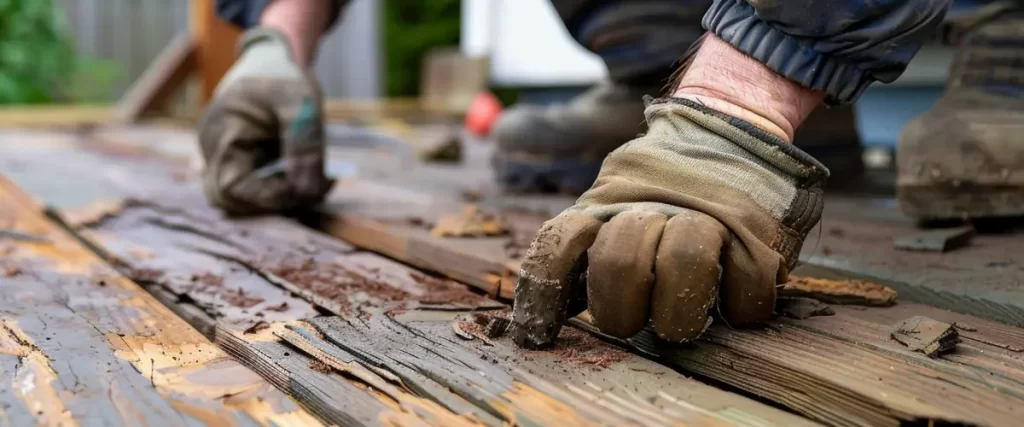 A worker wearing gloves removing damaged and rotting wooden boards from a deck