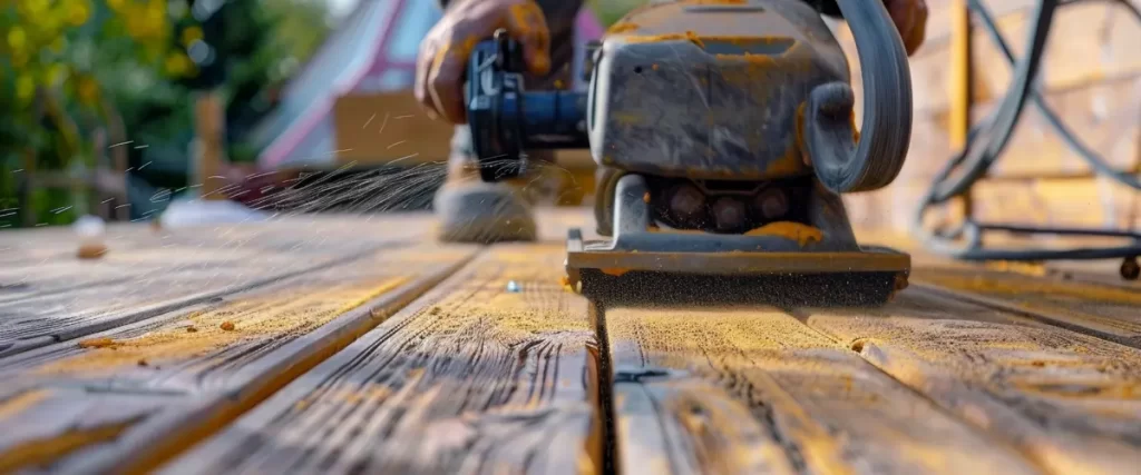 A close-up of a worker using an electric sander on a wooden deck, with sawdust flying in the air