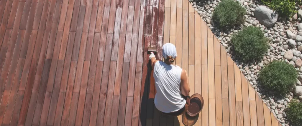 A person applying a rich brown stain to a wooden deck, showing a clear contrast between the treated and untreated sections