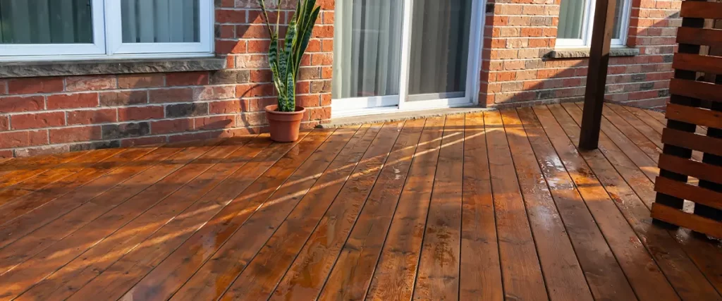 Freshly stained wooden deck with a glossy finish outside a brick house, enhancing outdoor living space and curb appeal.