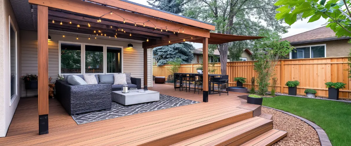 Screened-In Porch in La Vista, NE A backyard deck with outdoor seating and a wooden pergola attached to a house.