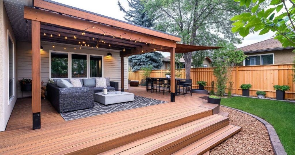 Surviving Omaha’s Hot Summers: Best Deck Materials That Stay Cool Underfoot A stylish backyard deck with outdoor seating under a wooden pergola attached to a house.