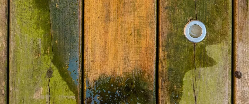 How to Deal With Algae Growth on Shady Decks Partially cleaned wood deck showing algae removal and surface restoration process