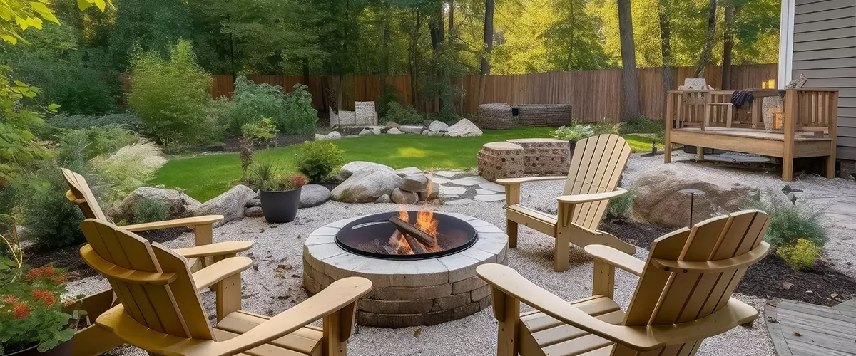 Firepit / Fireplace Installation in Omaha, NE Cozy backyard with a stone firepit and wooden Adirondack chairs on a pea gravel patio, surrounded by a green lawn and trees.