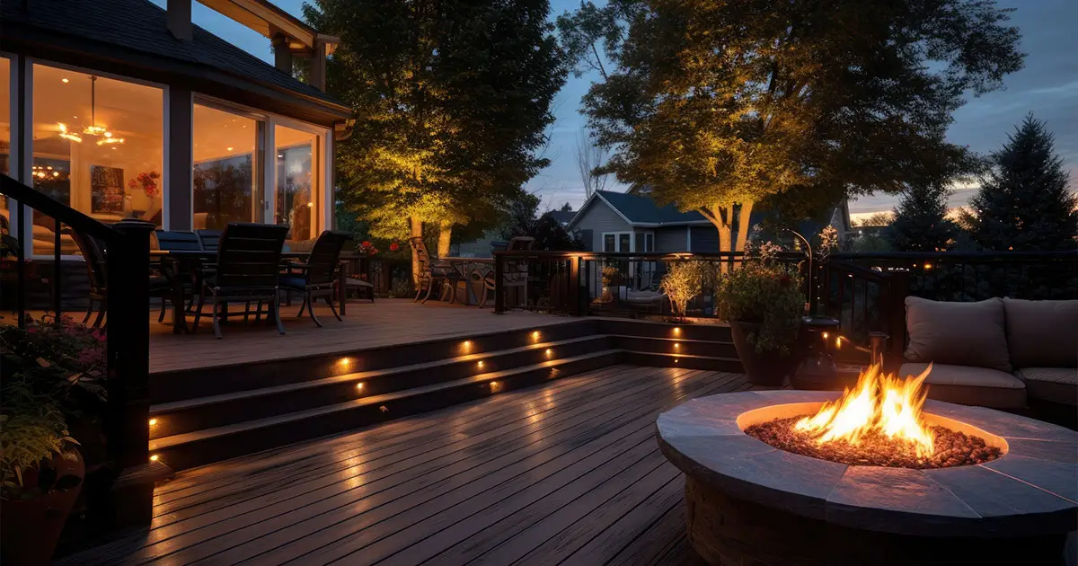 An outdoor deck equipped with a spacious gas fire pit that is openly designed, deck lighting