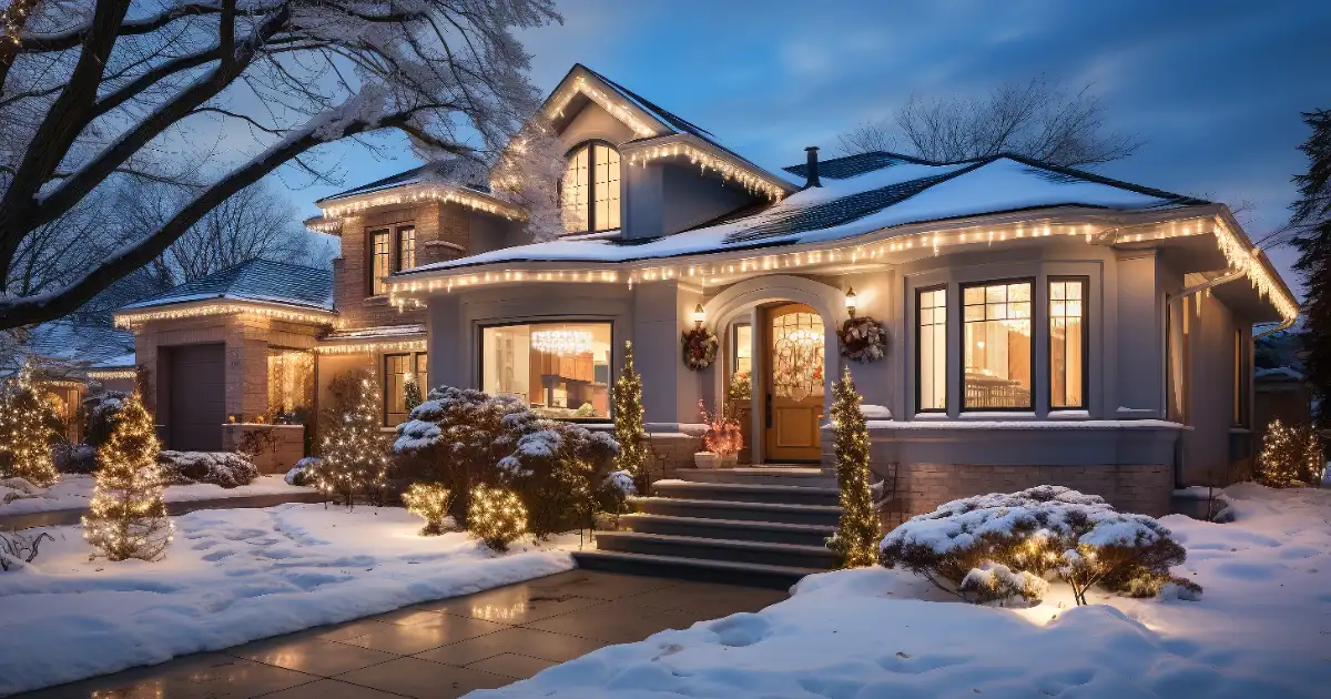Blog a modern house decorated with Christmas lights and covered in snow