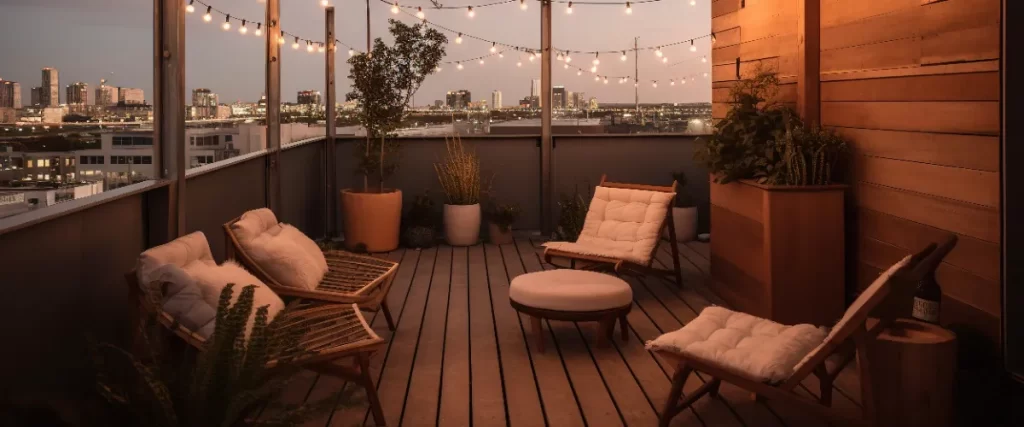 a rooftop deck with string lights are draped overhead, providing ambient lighting and enhancing the cozy evening atmosphere
