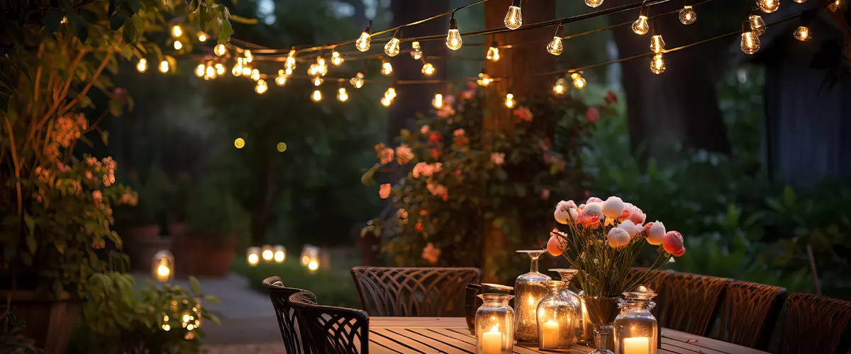 Cozy outdoor dining area on a backyard deck at dusk, illuminated by warm, glowing bistro string lights and flickering candles on the table.