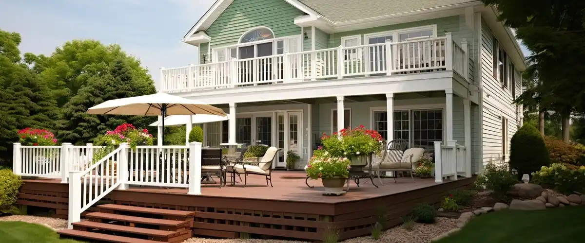 Deck Underpinning In Omaha, NE A large, multi-level residential deck with a dark stained base and white railing, used to illustrate expert deck underpinning and structural repair services in the Omaha, NE area.