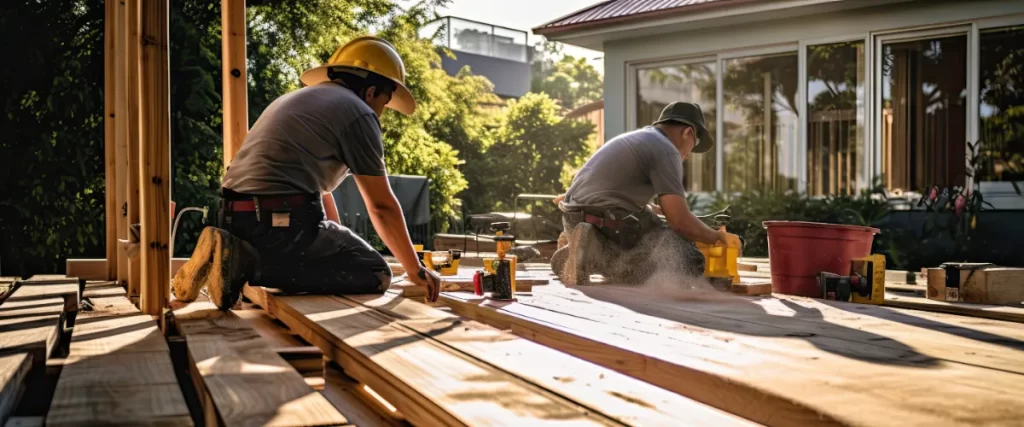 two construction workers in the process of repairing an outdoor wooden deck