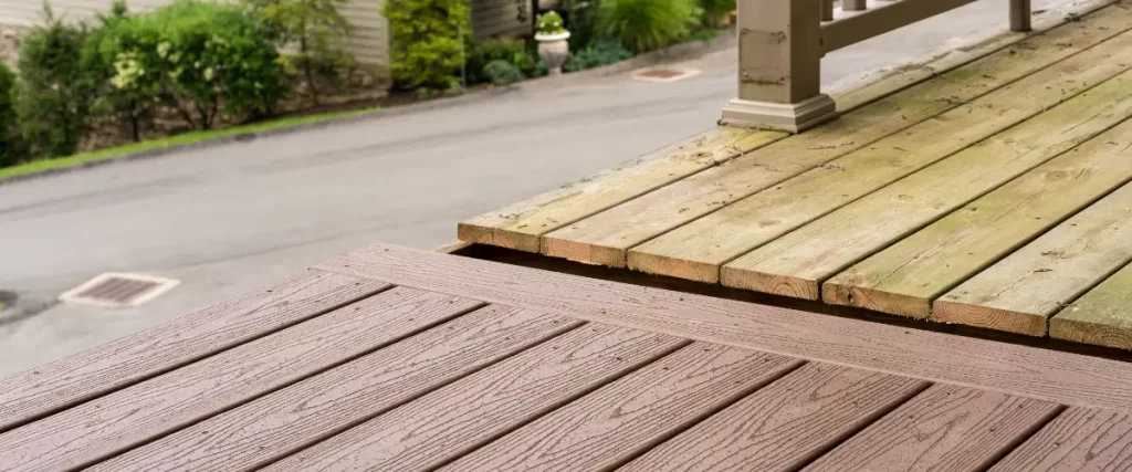 a comparison between traditional wood decking (top right) and modern composite decking (bottom left)