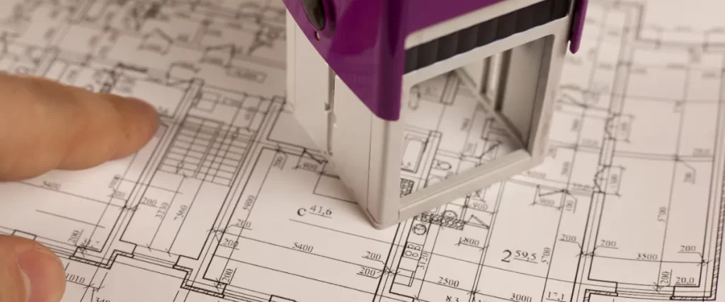 a purple stamp being used on a deck building plan or blueprint