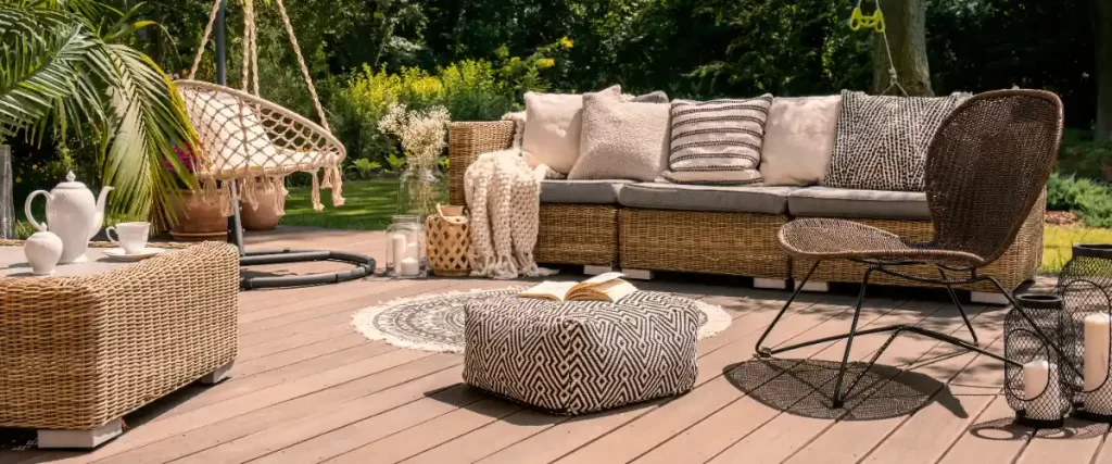 a rattan patio furniture set, which includes a sectional sofa, a hanging swing chair, an accent chair, and a patterned ottoman