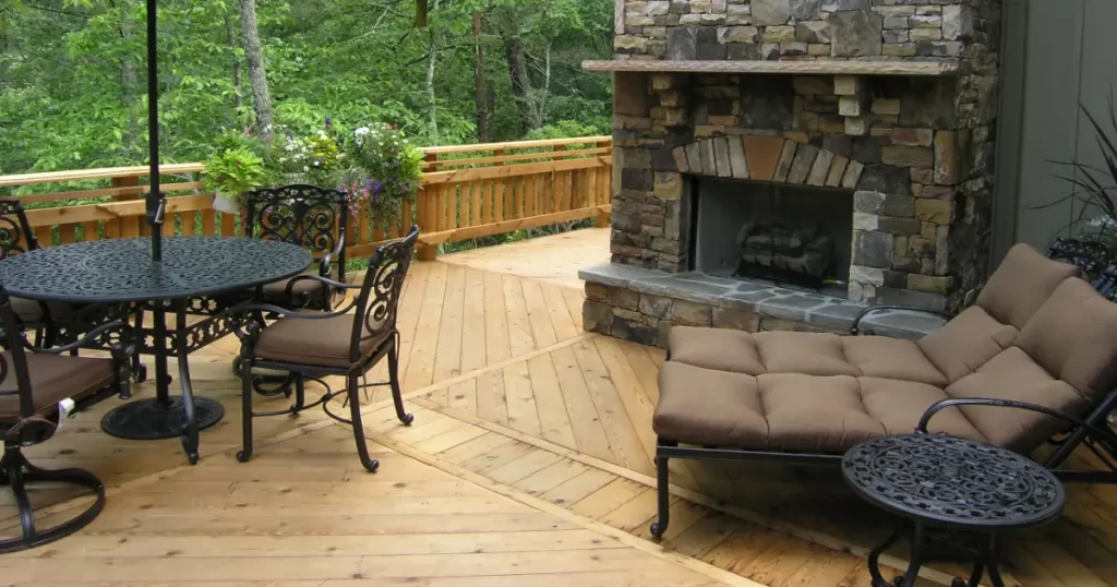 a wooden deck, which is a flat surface similar to a floor, typically built outdoors and often elevated from the ground