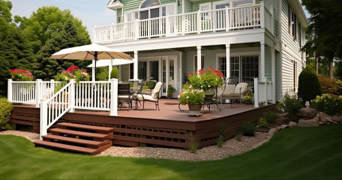 A spacious multi-level wooden deck featuring white railings, comfortable outdoor furniture, and vibrant flower pots, showcasing professional deck building, installation & repair in Mead, NE.