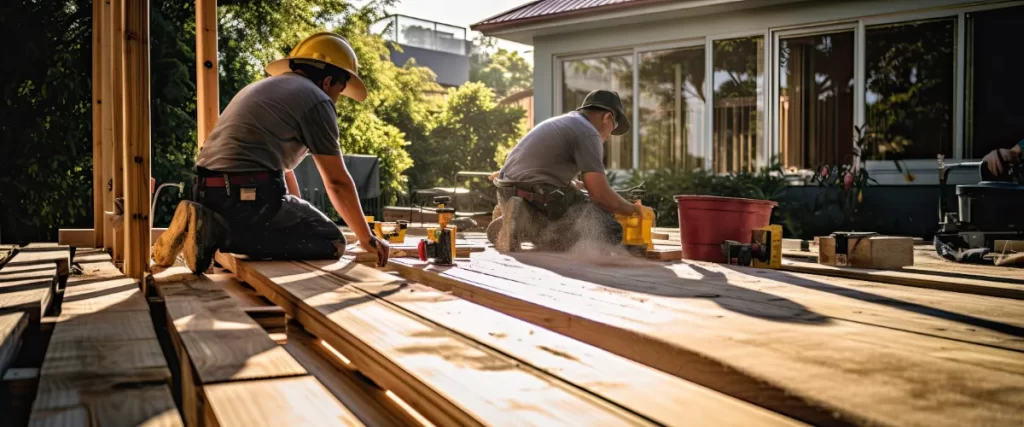 two workers constructing a wooden deck