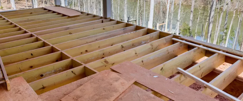 Wind-Resistant Deck Design for the Omaha–Lincoln Corridor An overhead view of a massive wooden sub-structure showing parallel joists and cross-beams during the deck framing phase.