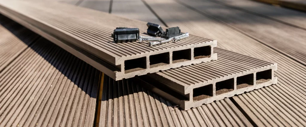 Close-up of durable hollow-profile composite deck boards resting on a finished surface alongside plastic hidden fasteners and metal screws.