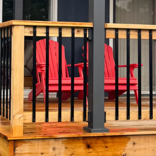 Cedar Wood Deck With Aluminum Pergola cedar railings with black metal spindles