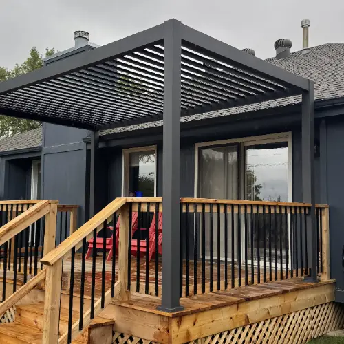 Cedar Wood Deck With Aluminum Pergola grey aluminum louvered pergola